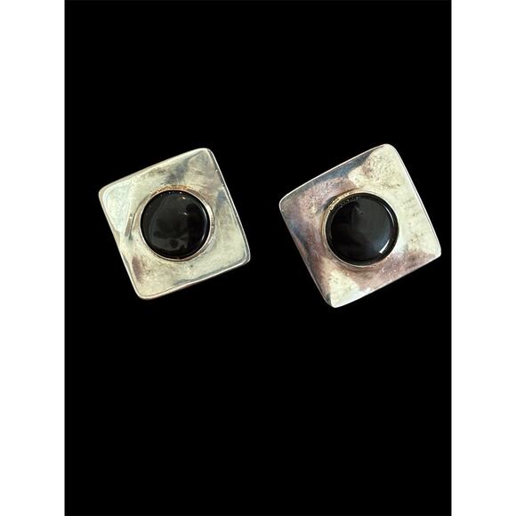 Vtg 1980’s Sterling Silver Black Onyx Modernist Stud Earrings 925 - Picture 1 of 5